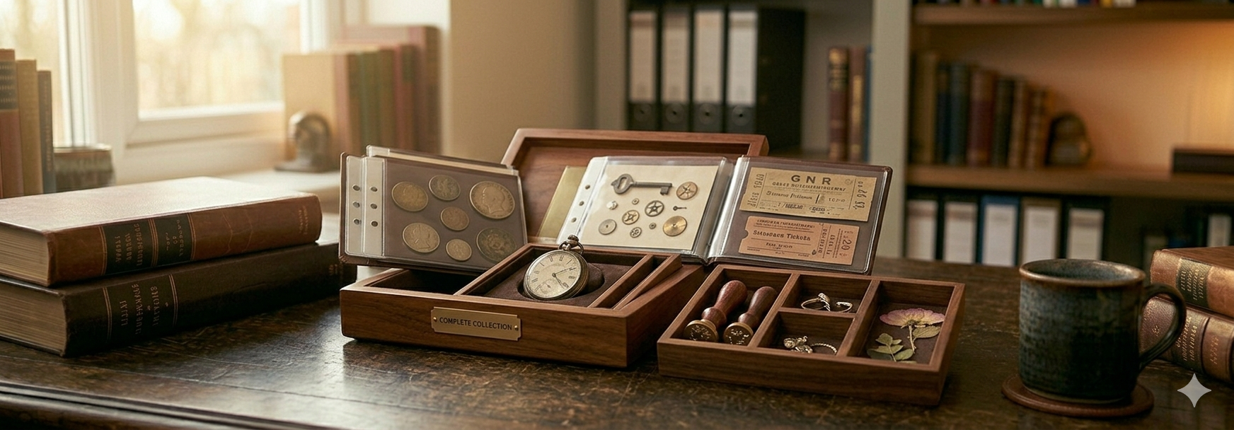 Complete keepsake storage set including box, archive sleeves, and display tray together