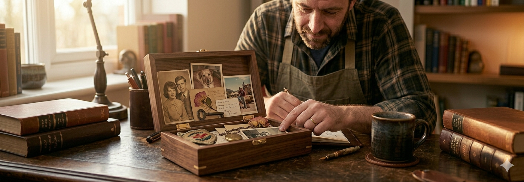 Wooden keepsake box open on a table with photographs and small mementos inside