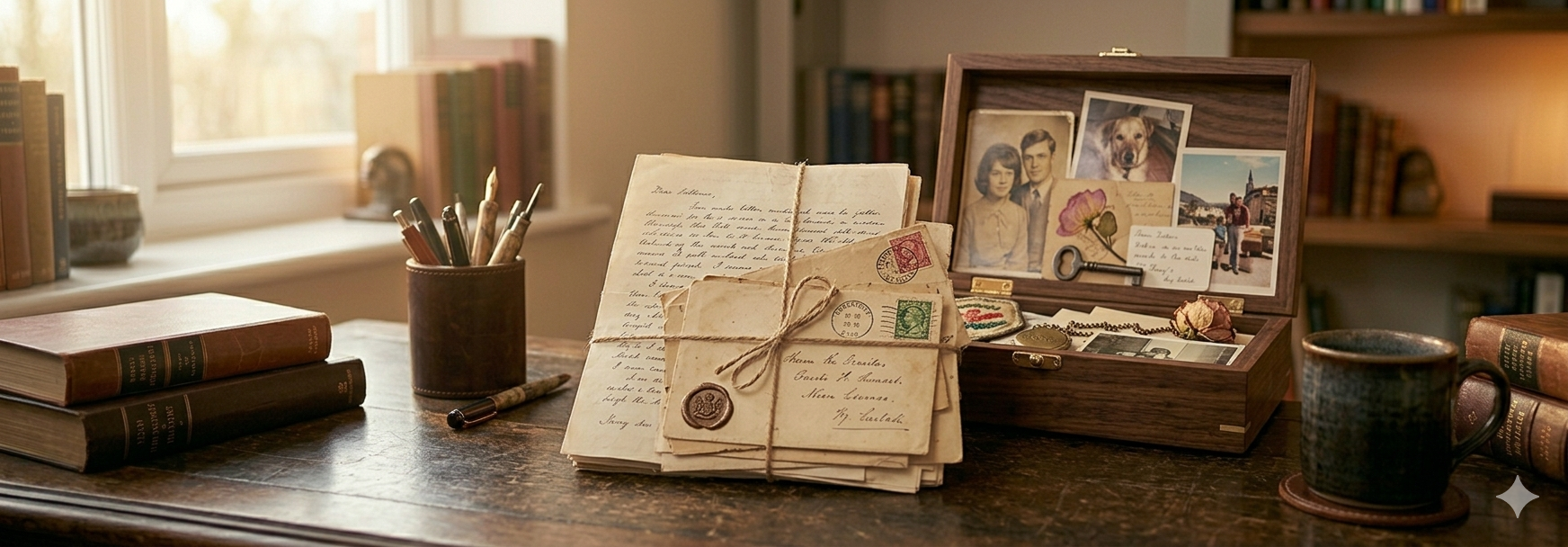Old handwritten letters and envelopes tied together with string on a wooden desk
