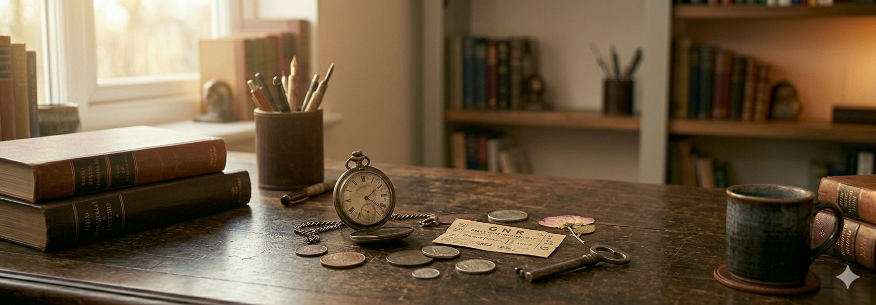 Small vintage mementos including a watch, coins, and a faded ticket stub arranged on a desk